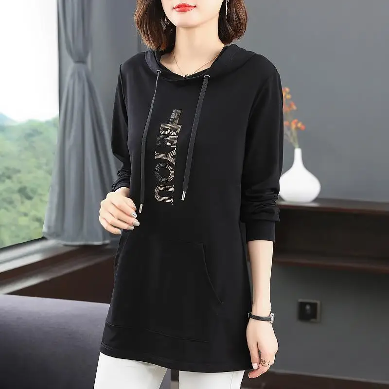 Women's 2023 Autumn Winter New Long Sleeve Drawstring Hooded Round Neck Sweatshirts Large Casual Medium Length Fashion Tops