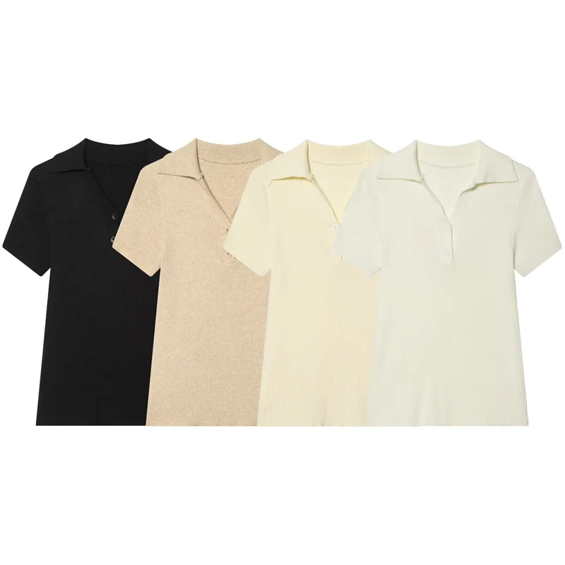 

Летний женский вязаный топ с коротким рукавом и воротником, повседневный пуловер-свитер, модная женская одежда