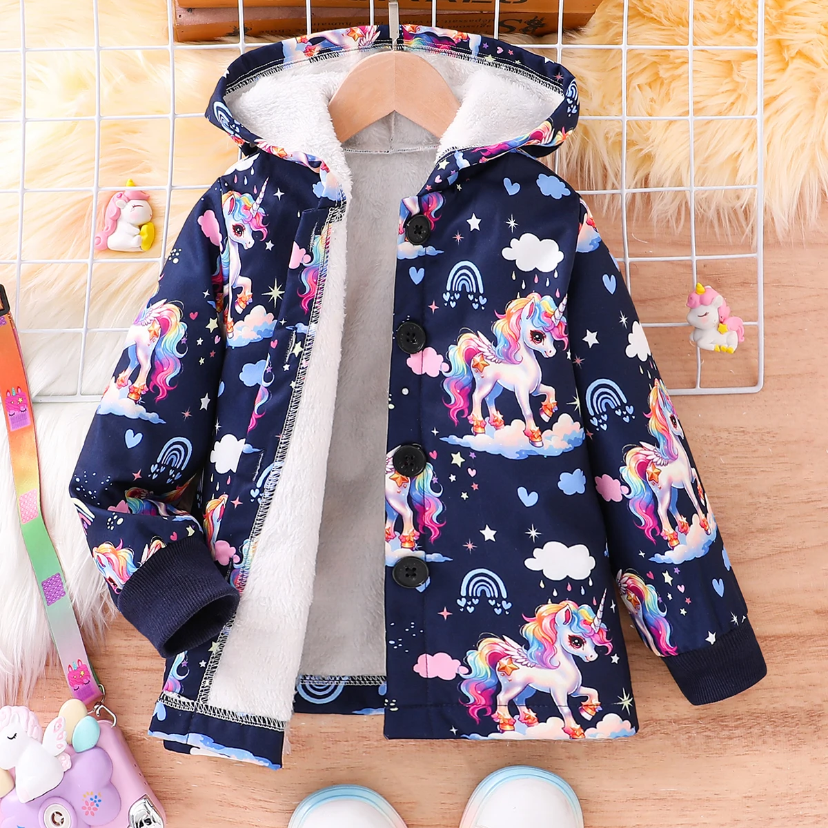 Autumn And Winter Girl\'s Unicorn Rainbow White Cloud Print With Plush Hooded Single Breasted Vintage Jacket Jacket