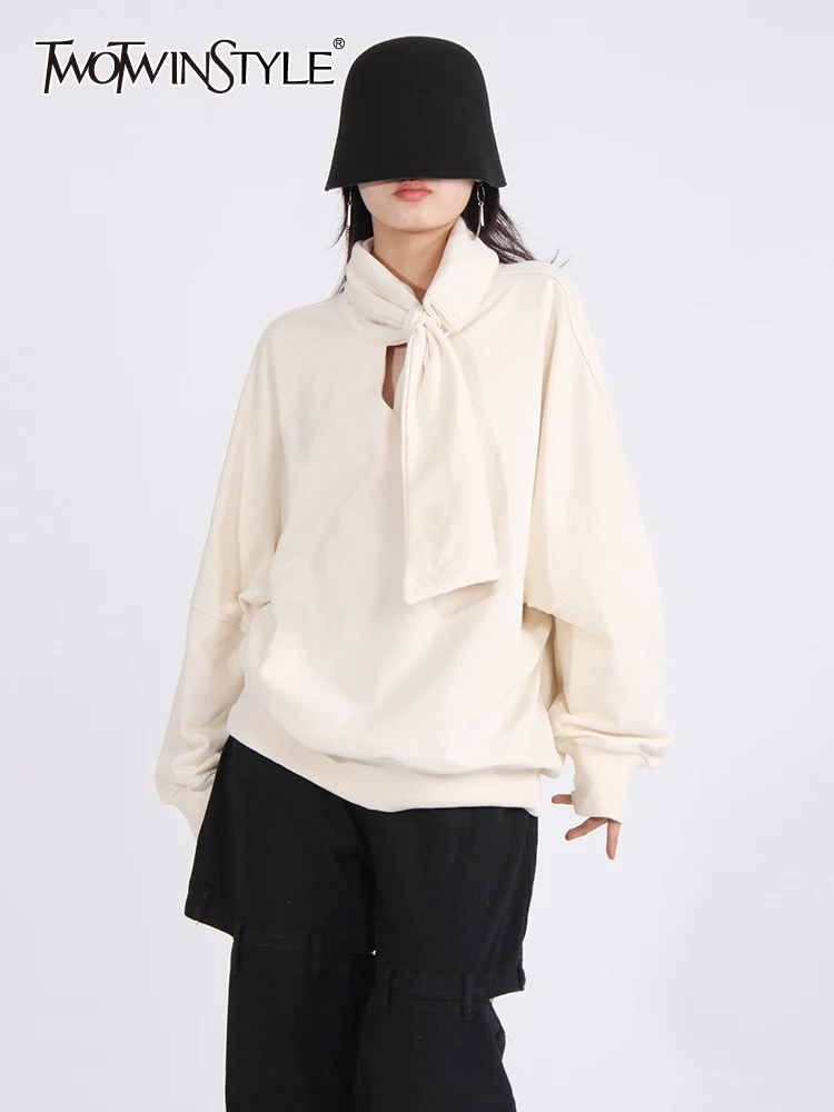

TWOTWINSTYLE Solid Casual Sweatshirts For Women Turtleneck Long Sleeve Patchwork Scarf Minimalist Sweatshirt Female Clothing new