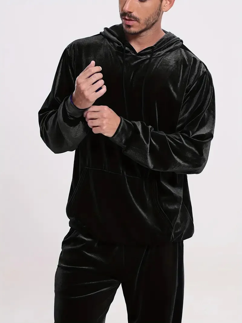 Herren-Trainingsanzug aus Samt in Goldoptik mit Reißverschluss-Hoodie, elastischen Bündchen und Jogginghose, Frühling/Herbst, europäisch-amerikanischer Casual-Stil, zweiteiliges Outfit – Detail 2