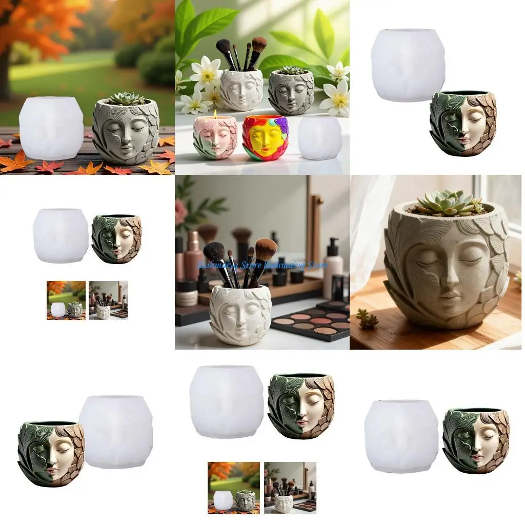 

573B Flexible Silicone Flowerpot Mold Double Girl Face for Concrete Cement Resin Casting Home Decoration Craft Projects