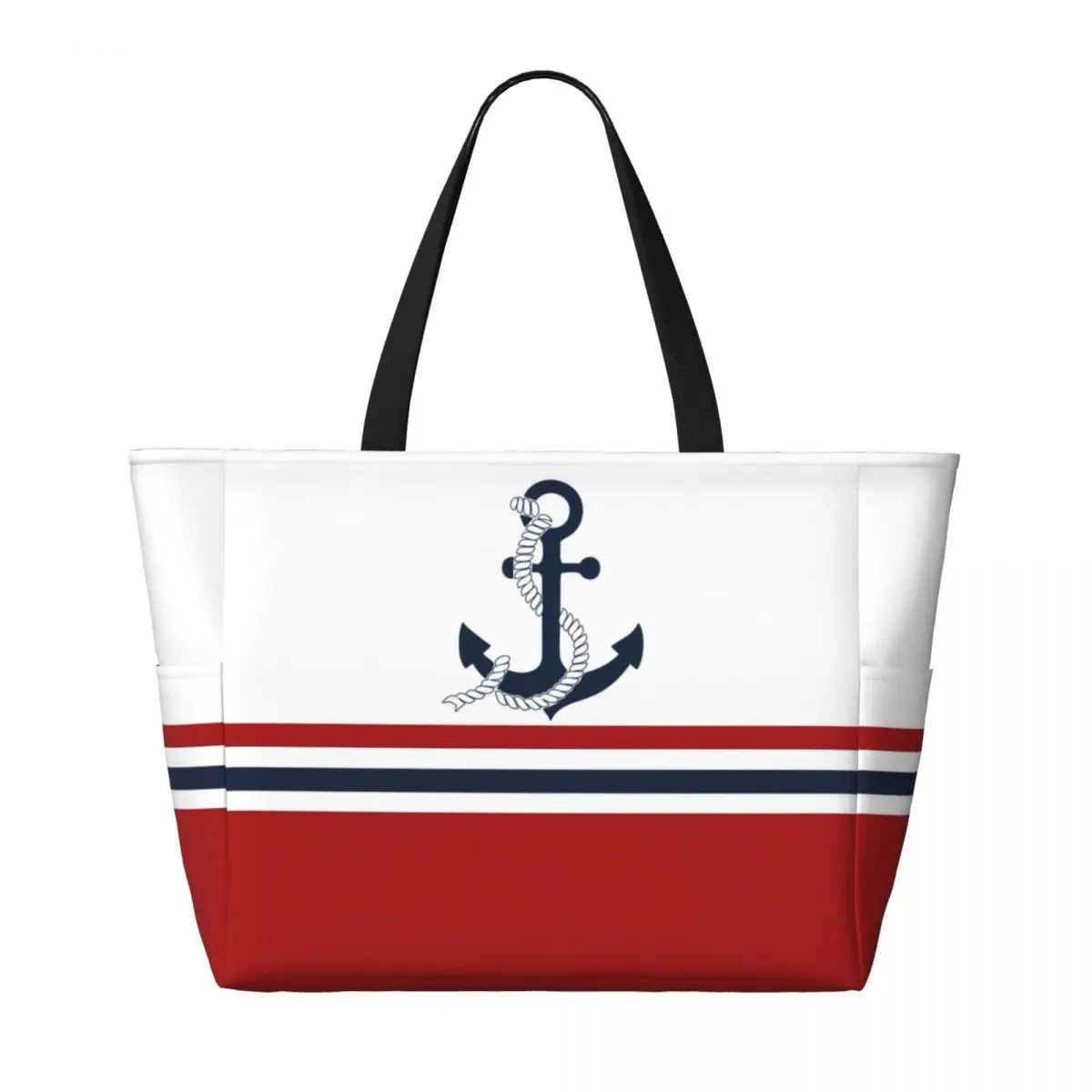 Custom Nautical Blue Anchors Stripes Beach Tote Bag for Women Sailing Sailor Big Compartment Gym Beach Travel Bags image 2