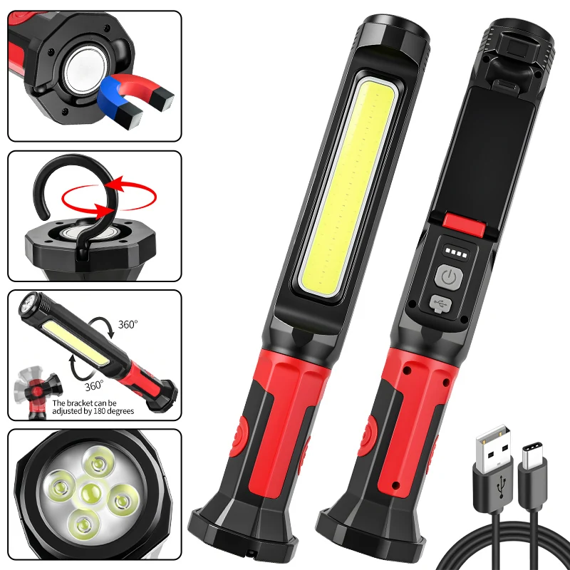 

360° Rotating Handheld Work Light with Magnetic Rechargeable COB Emergency Lamp Bright Flashlight For Outdoor Camping Car Repair