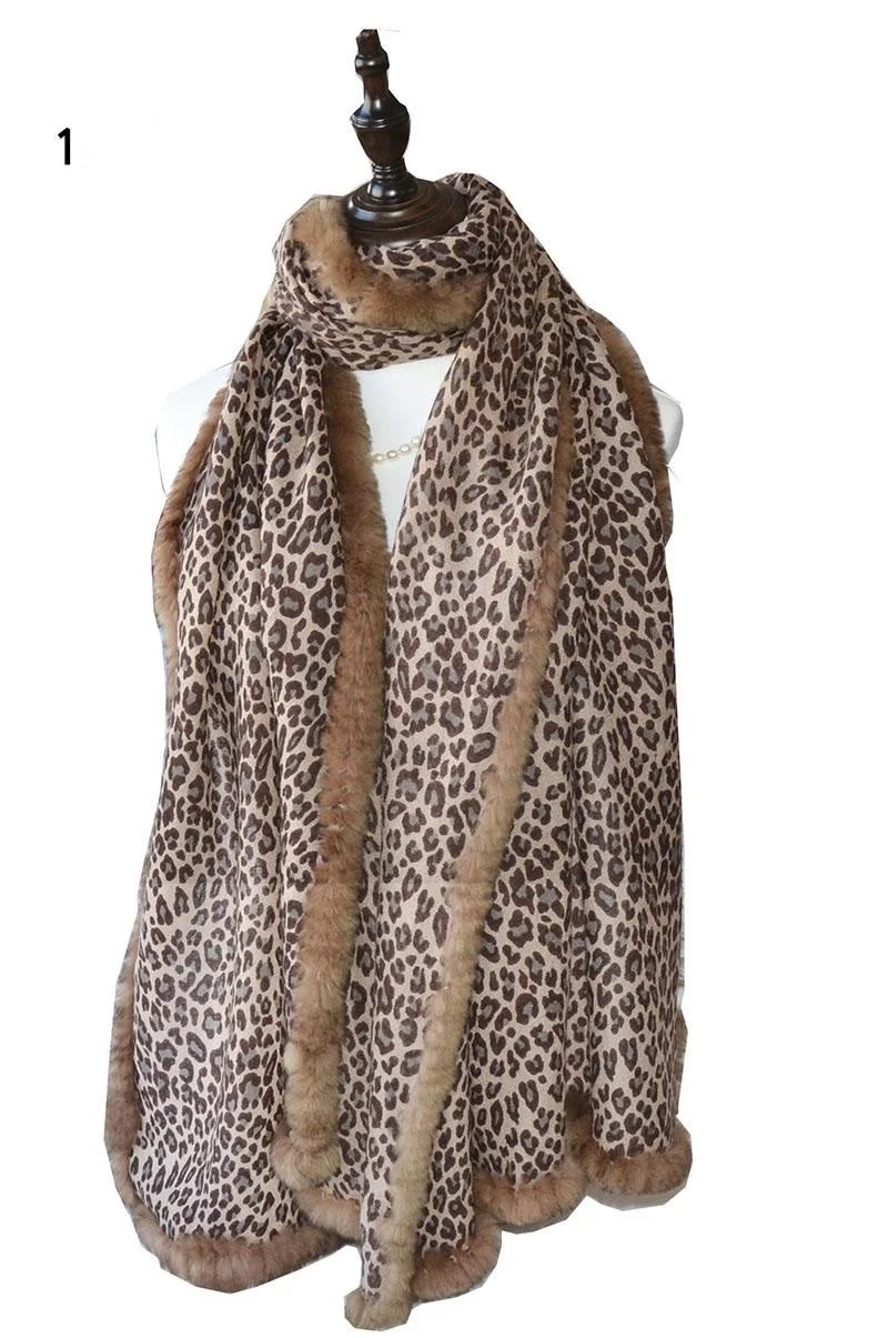 100% Pure Wool Scarf with Real Rex Rabbit Fur Trimmed Light weight Wraps Leopard Print Fashion Neck Warmer for Winter Women