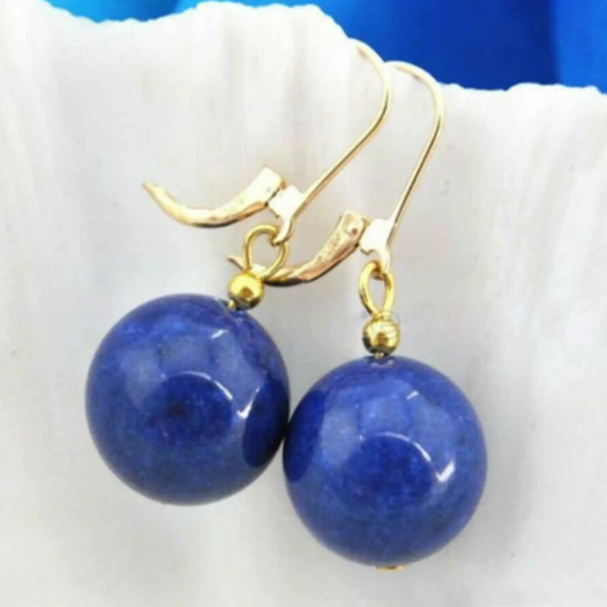 12mm Natural blue round lapis lazuli beads 14K gold earrings Freshwater Gift Hook FOOL'S DAY Aquaculture Wedding Easter Women