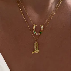 INS Stainless Steel Gold Plated Western Cowboy Boots Horseshoe boot Necklace for Women