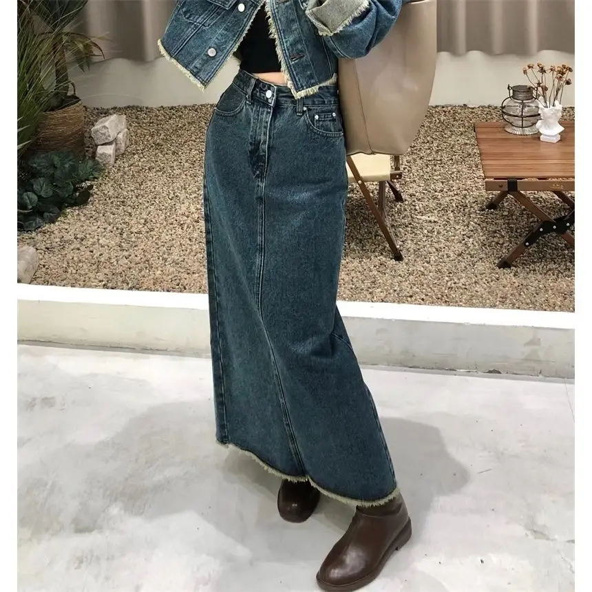 Spring and Autumn New Korean Fashion Aging Top Design Sense High Waist Hairy Denim Half Skirt Two Piece Set