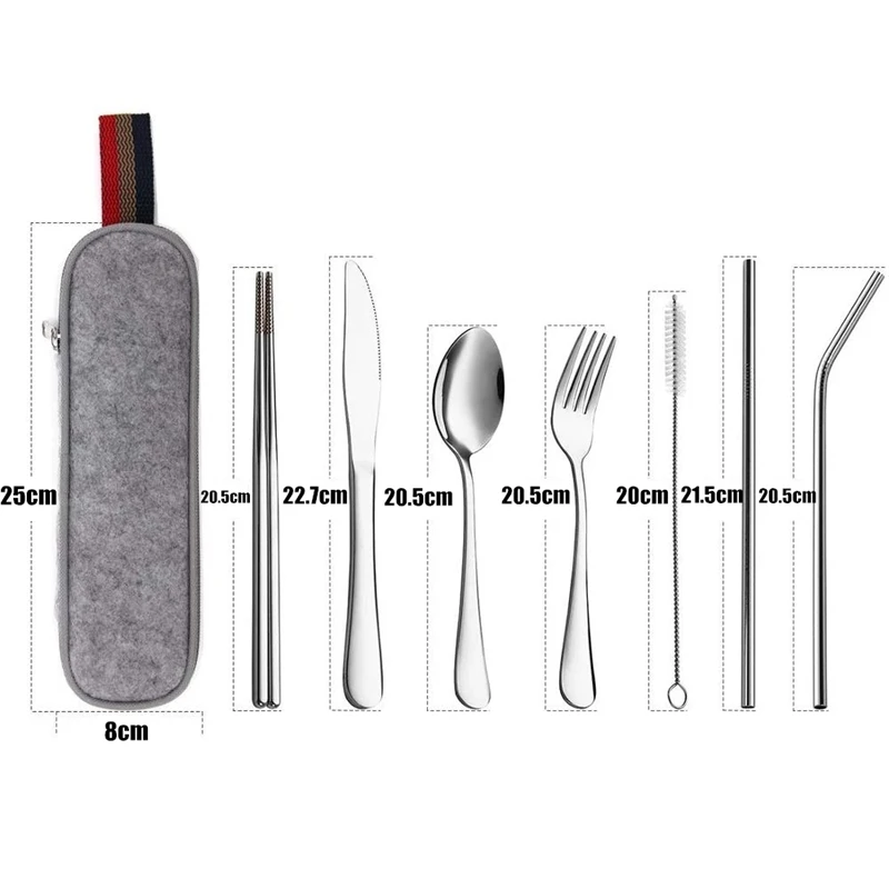 8Pcs/set Tableware Reusable Travel Cutlery Set Camp Utensils Set with stainless steel Spoon Fork Chopsticks Straw Portable case