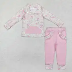 Spring Flower Floral Printed Pink Cute Little Girls Zipper Pullover Shirt 2 Piece Outfits Wholesale Kids Clothing Set For Girl
