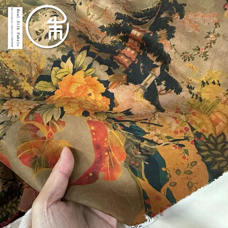 High Quality Chinese Style Peony Pagoda Xiangyun Yarn 100% Real Silk Designer Silk Fabric 30Momme Cheongsam Dress Cloth