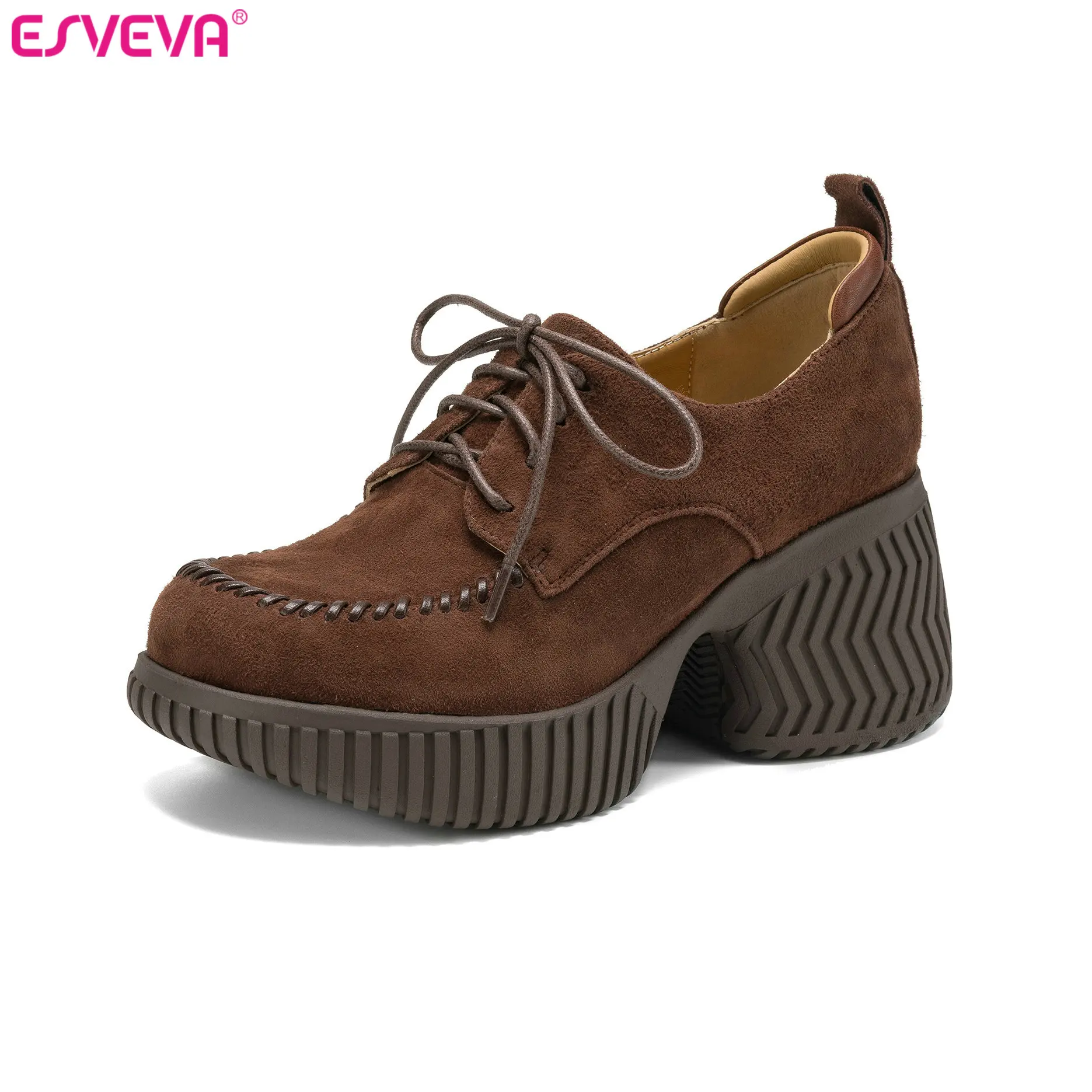

ESVEVA 2026 Fashion Kid Suede Women Pumps Shoes Woman Spring Casual Shoes Platform Round Toe Lace Up Ladies Dress Shoes 34-39