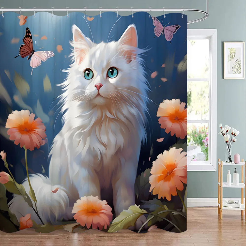 Funny Animal Shower Curtain Cute Cat in Flower with Butterfly Fluttering Polyester Fabric Washable Shower Curtain Bathroom Decor