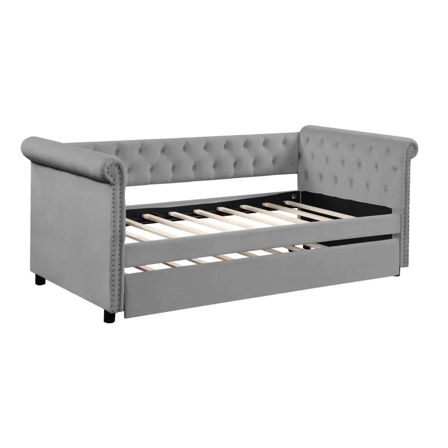 

Daybed with Trundle Sofa Bed, Upholstered Tufted Design, Round Armset, TWIN SIZE Grey