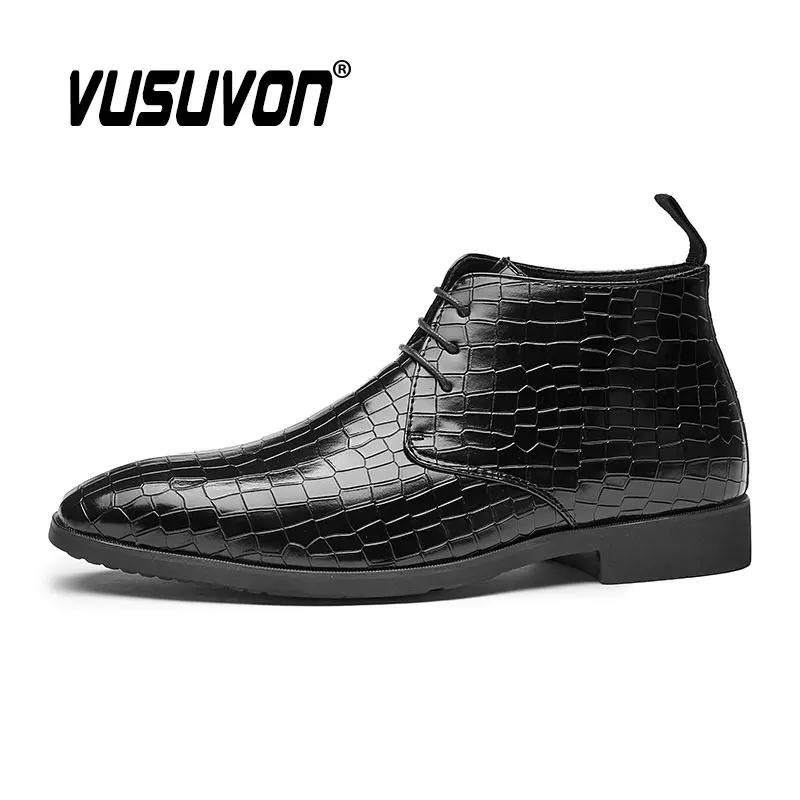 Fashion Men Derby Boots Lace-Up Leather Dress Casual Shoe Motorcycle Black Winter High Quality Party Boys Masculinas Size 38-48