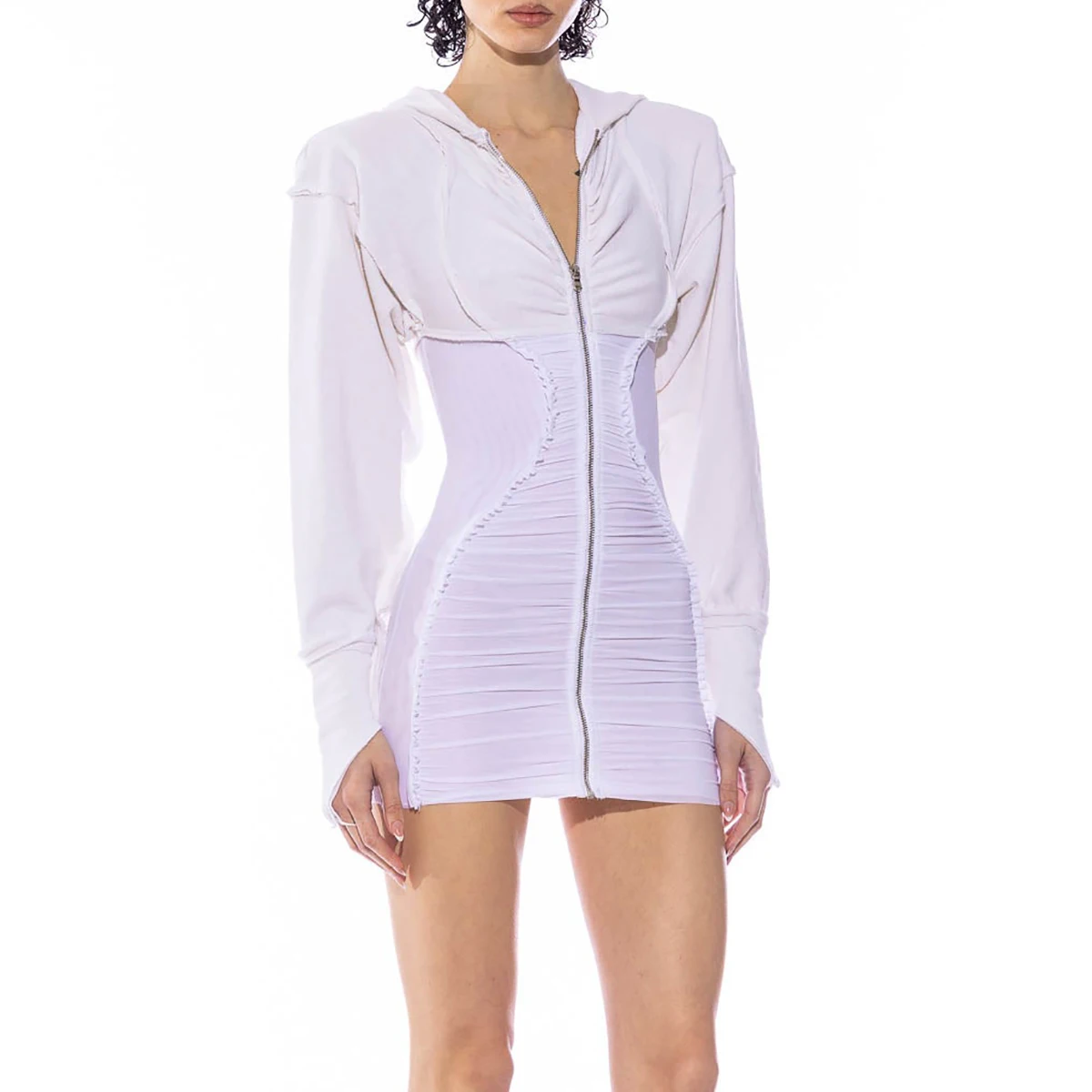 Robe sweat-shirt à capuche et fermeture éclair pour femmes, avec Design froncé et Mini robe moulante à manches longues, Sexy et décontractée, Streetwear