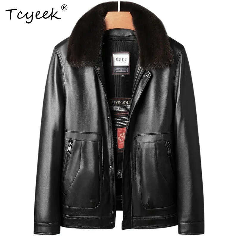 

Tcyeek Верхний слой из коровьей кожи Осень Зима Высококачественная модная черная мужская куртка с лацканами Куртка Кожаная Мужская 가죽 자켓