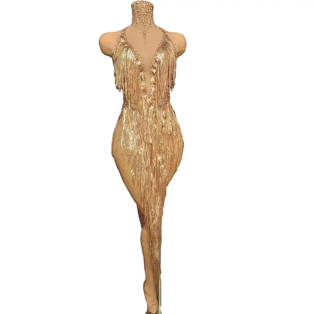 Nappe con strass dorati scintillanti Compleanno Festeggia abito da sera Donna Sexy trasparente Performance Costume da ballo Abbigliamento da palcoscenico