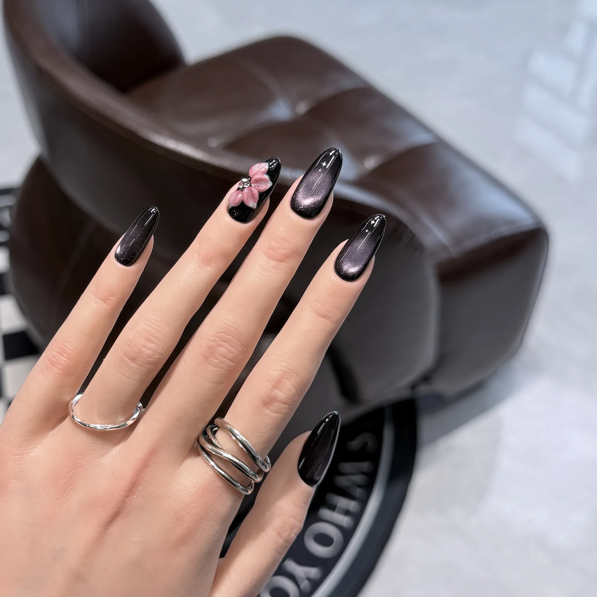 10Pcs Purple Cat's Eye Handmade Press on Nails Black Solid Color Reusable Nails Stick on 3D Flower Diamond Fake Almond Nail Tips