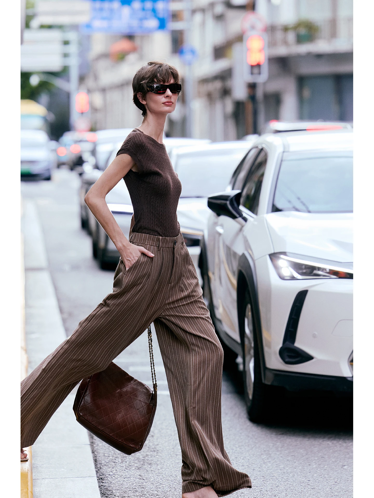 Luna7xi High Waist Wide Leg Casual Pants Women's Long Striped Drapey Straight Floor-Length Korean Style Comfortable Polyester
