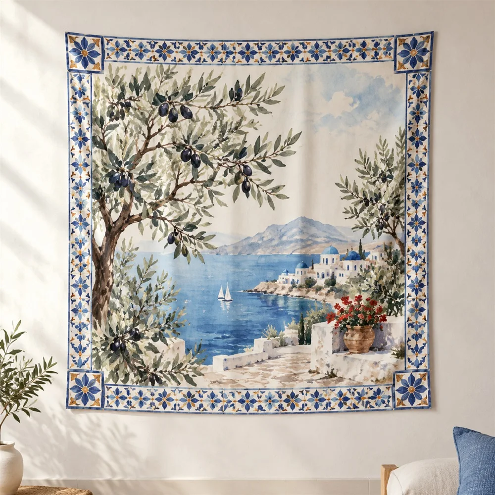 VIKAMA Olive Tree Grove Clustered Groups Tapestry Wall Hanging, Mediterranean Wall Decor Tapestries for Living Room Bedroom