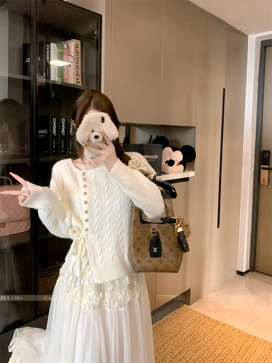 

Off Soft Knitted Belted round Ne Open Cardigan Women's Autumn Lightweight Blue Sweater Small Size Girli Faion Sle