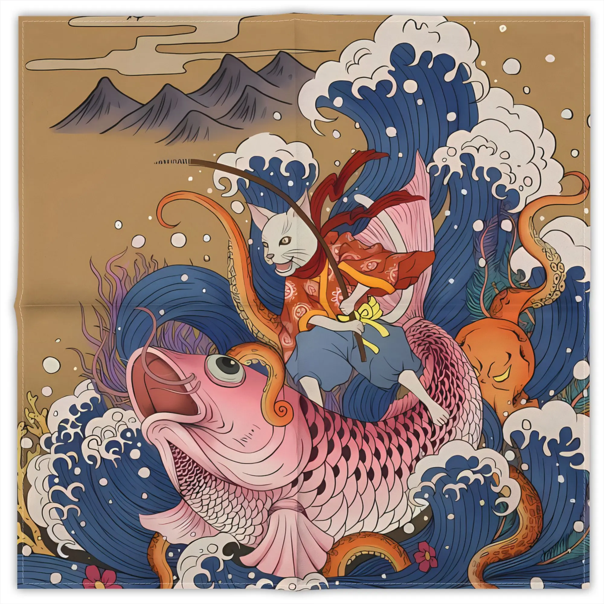 

Cat Koi Fish Wave Fashion Square Scarf Decorative Polyester Printed Daily