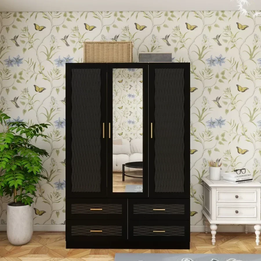 

Wooden Armoire Wardrobe Closet with 3 Doors Hanging Rods 4 Drawers Shelves Large Capacity Clothes Storage Cabinet Organization