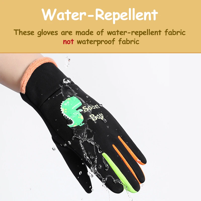 Kids Cartoon Dinosaur Warm Gloves, Autumn Winter Windproof Water‑Repellent Children Gloves for Boys Girls Outdoor Cycling