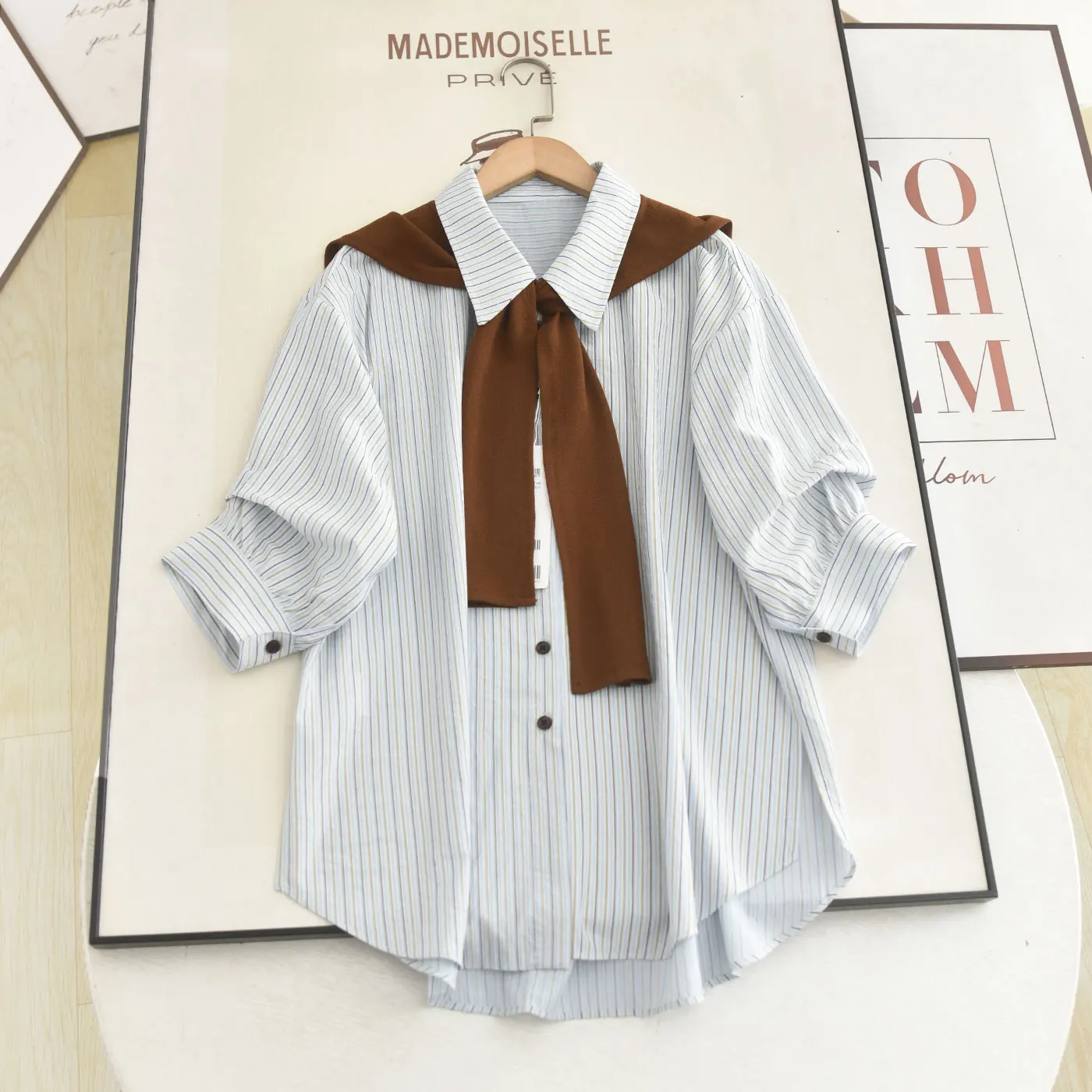 

Poetry Series Summer 2026 College Style Loose Fit Shirt Women's Removable Shawl Collar Stripe Pattern Anti-Aging Fashion