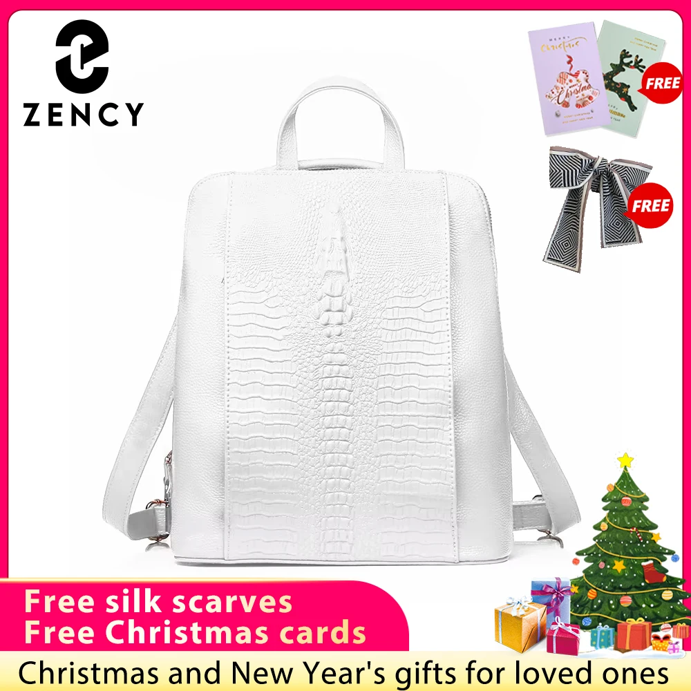 

Zency 100% Genuine Leather Pure White Knapsack Ladies Crocodile Pattern Women Backpack Fit A4 Magazine Laptop