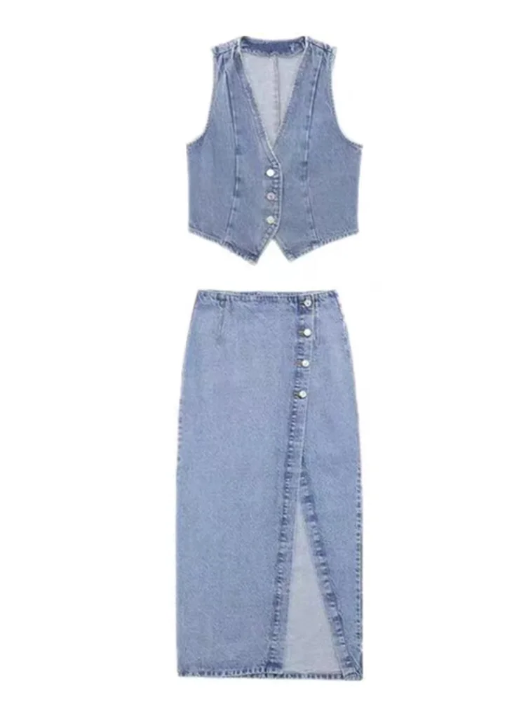 Dames 2-delige denim rokken outfits effen kleur knoppen mouwloze denim tanktops Jean rokken kledingset