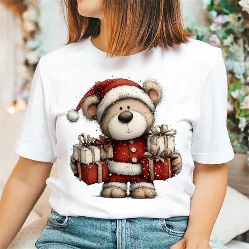 Christmas Bear Hug Gift Women's Printed Pattern Casual Short Sleeve Top Style White T-Shirt Cute Cartoon Printed Clothes T-Shirt