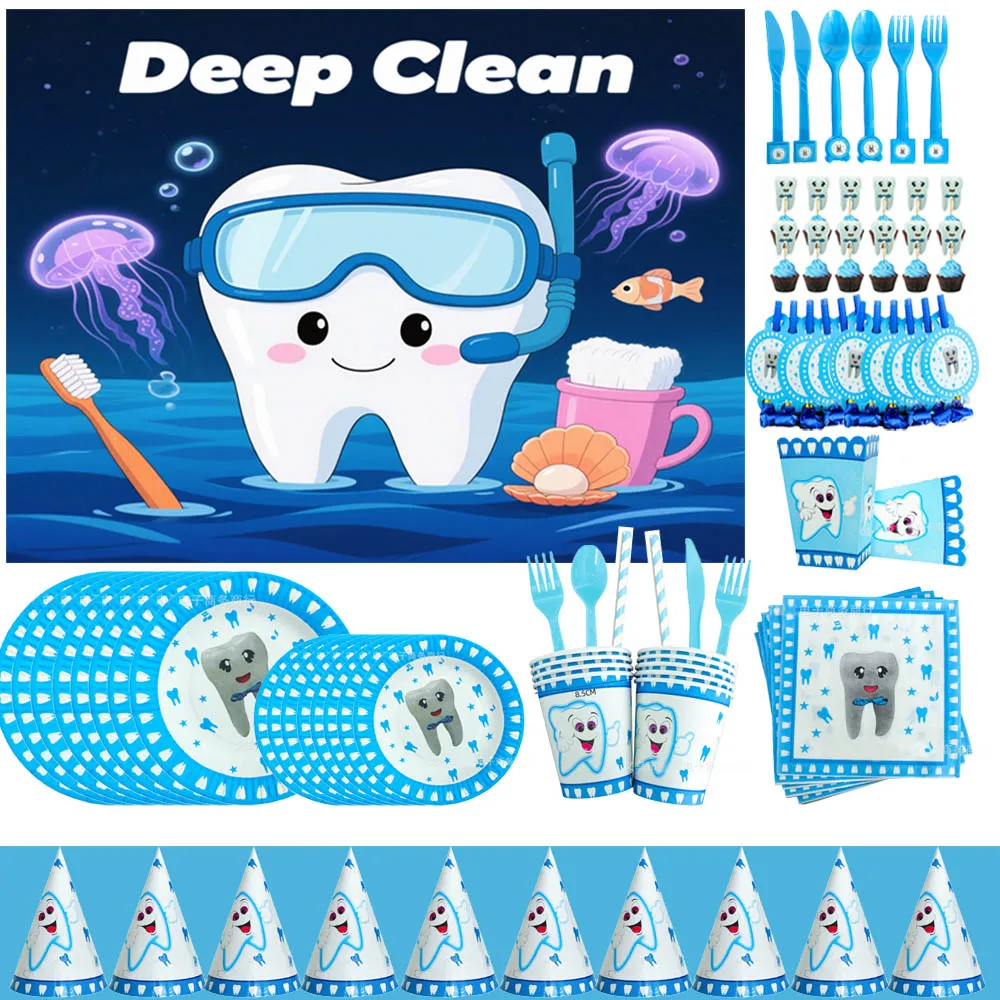 

Blue Teeth Theme Boys Girls Birthday Party Decoration Props Disposable Tableware Cartoon Knife Fork Plate Night Backdrop Gifts