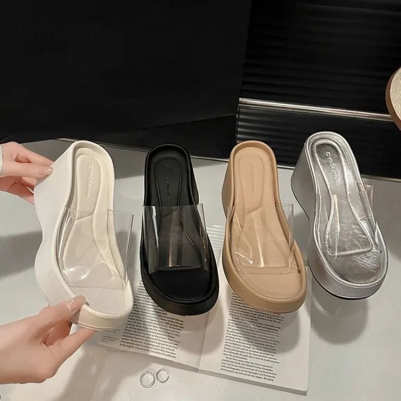 

Summer Chunky Woman Slippers Fashion PVC Transparent Platform Wedges Heel Slides Ladies Casual Outdoor Beach Shoes Sandalias