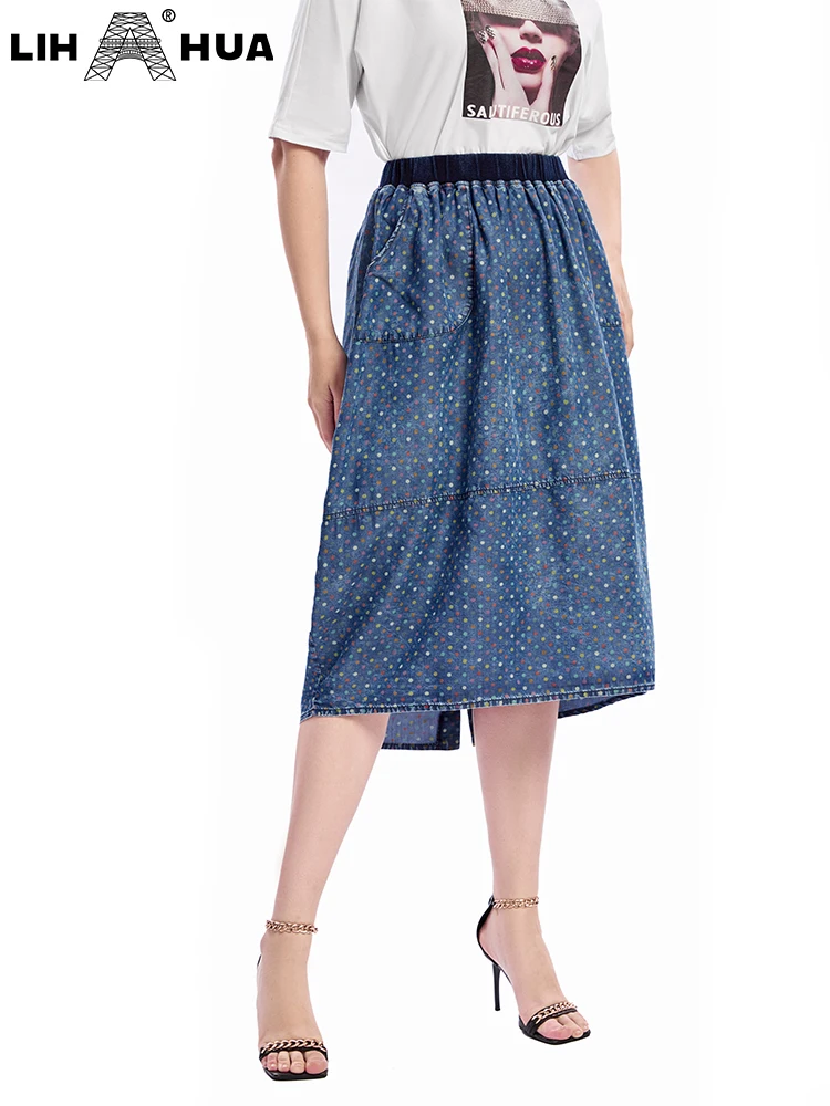 LIH HUA Women's Plus Size Denim Skirt Spring Chic Elegant Skirt For Chubby Women Cotton Woven Skirt