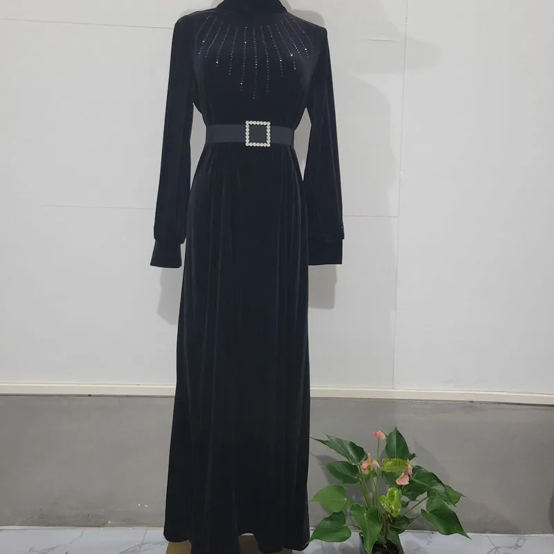 Autumn Winter With Belt Fashionable Women Clothing Temperament Pleated Loose Elegant Commuting Dress Middle Eastern Long Skirt