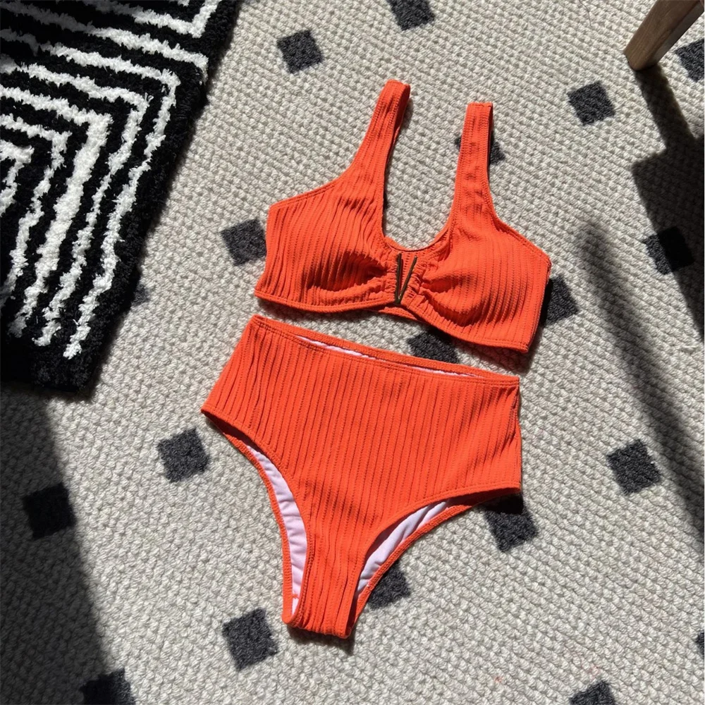 

High Waist Bikinis Set V Wire Swimsuit Push Up Women Ribbed Swimwears Vacation Outfit Beach Biquini Bathing Swimming Suit Bikini