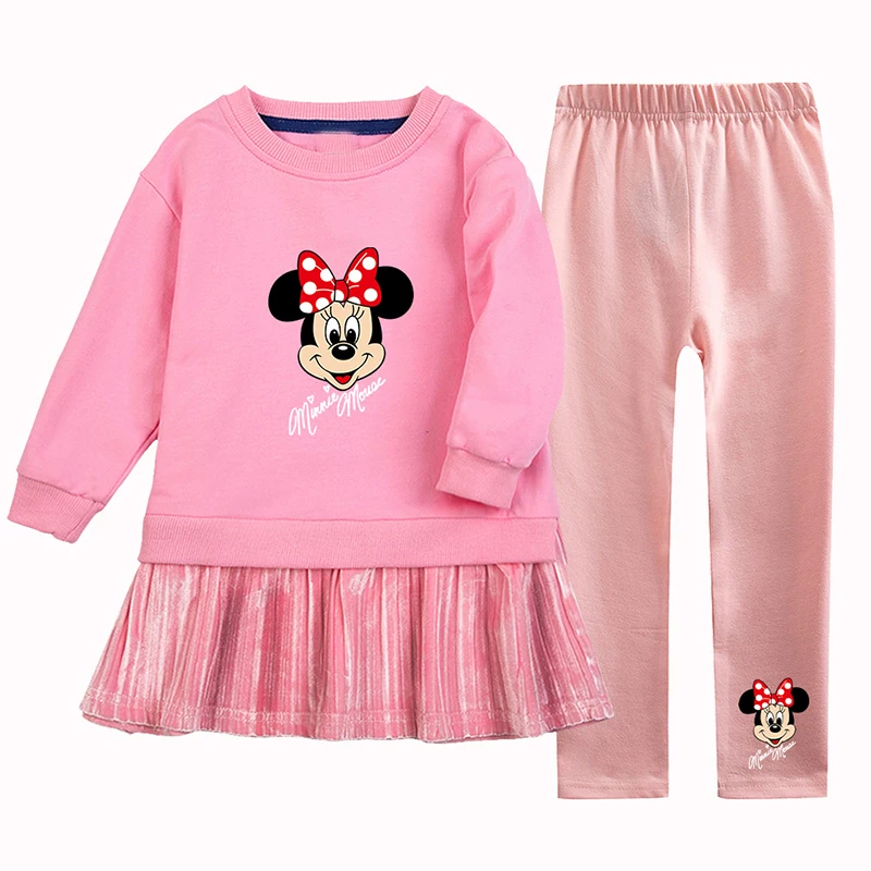 Autumn Baby Girls Minnie Clothing Sets Cotton Dress + Pants 2Pcs Suit Girls Mikey Mouse Clothes Sets Infant Cartoon Clothing