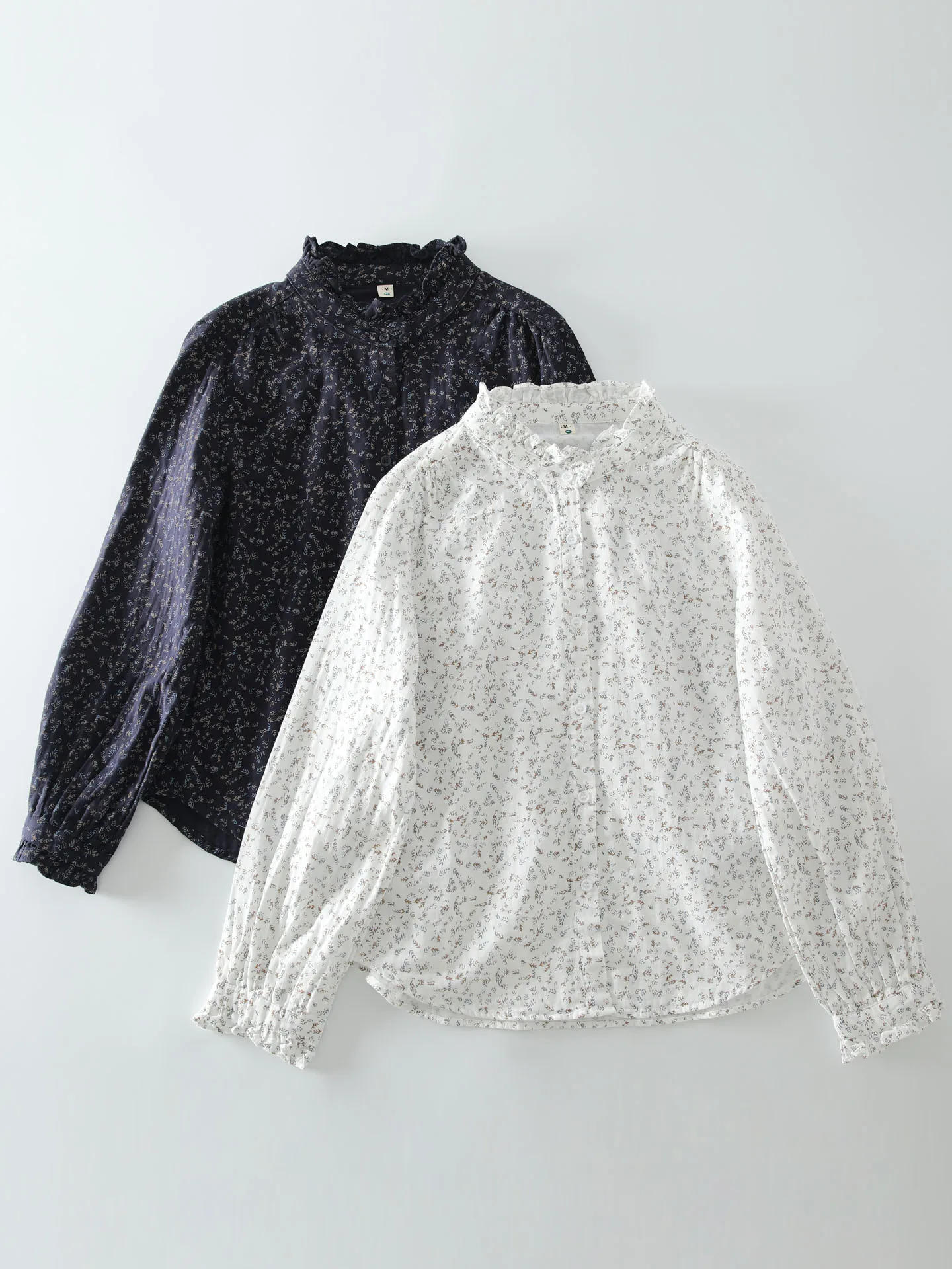 

Spring New Sle Artistic Retro Ear Musoom Lace Collar Floral Double Gauze Cotton Long Sve Women's irt Breathable