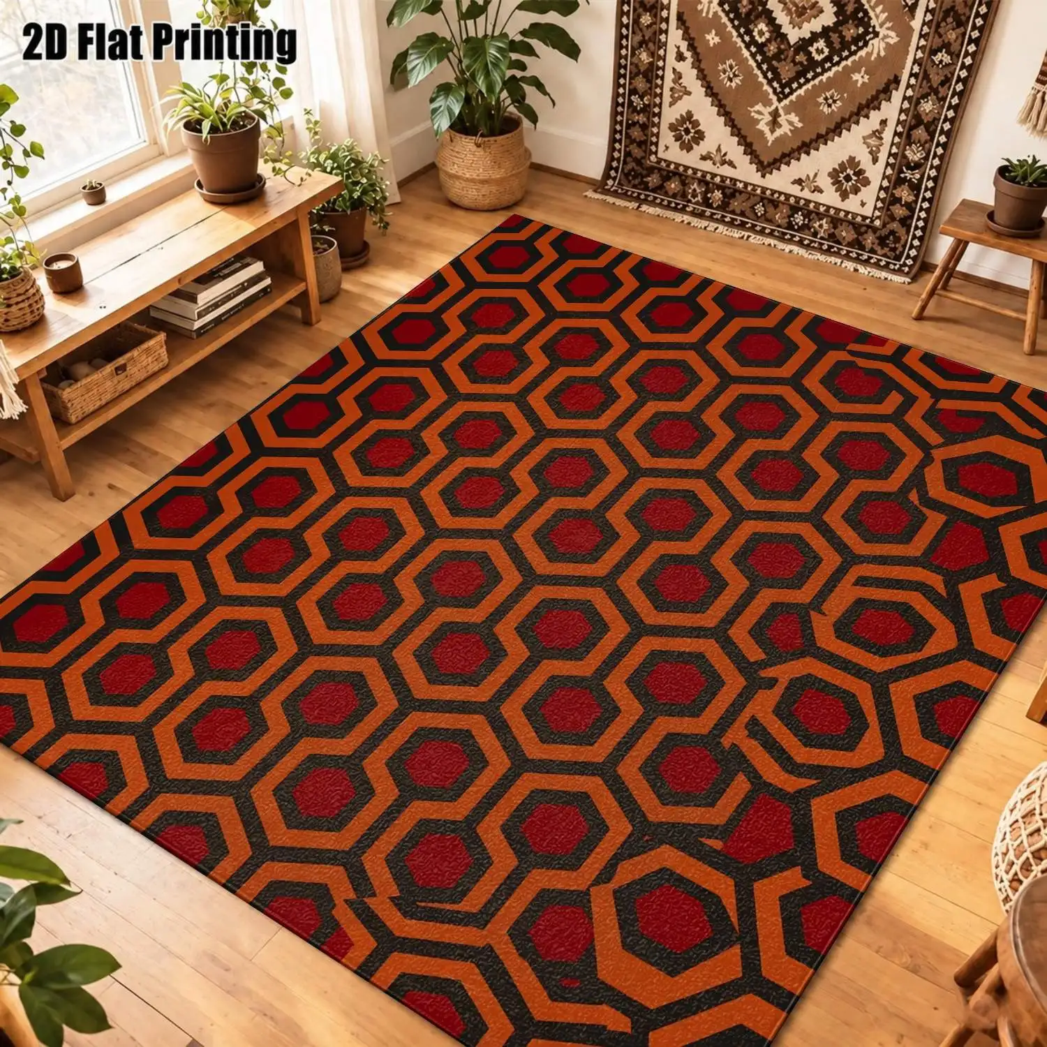1Pc 2D Printed Carpet: Red Black Geometric Hexagonal Patterns, Modern Minimalist, European/Vintage/Nordic Style, Multi-Size Machine Washable, Ideal for Home Decoration, Entrance/Dining Room/Bedroom/Living Room