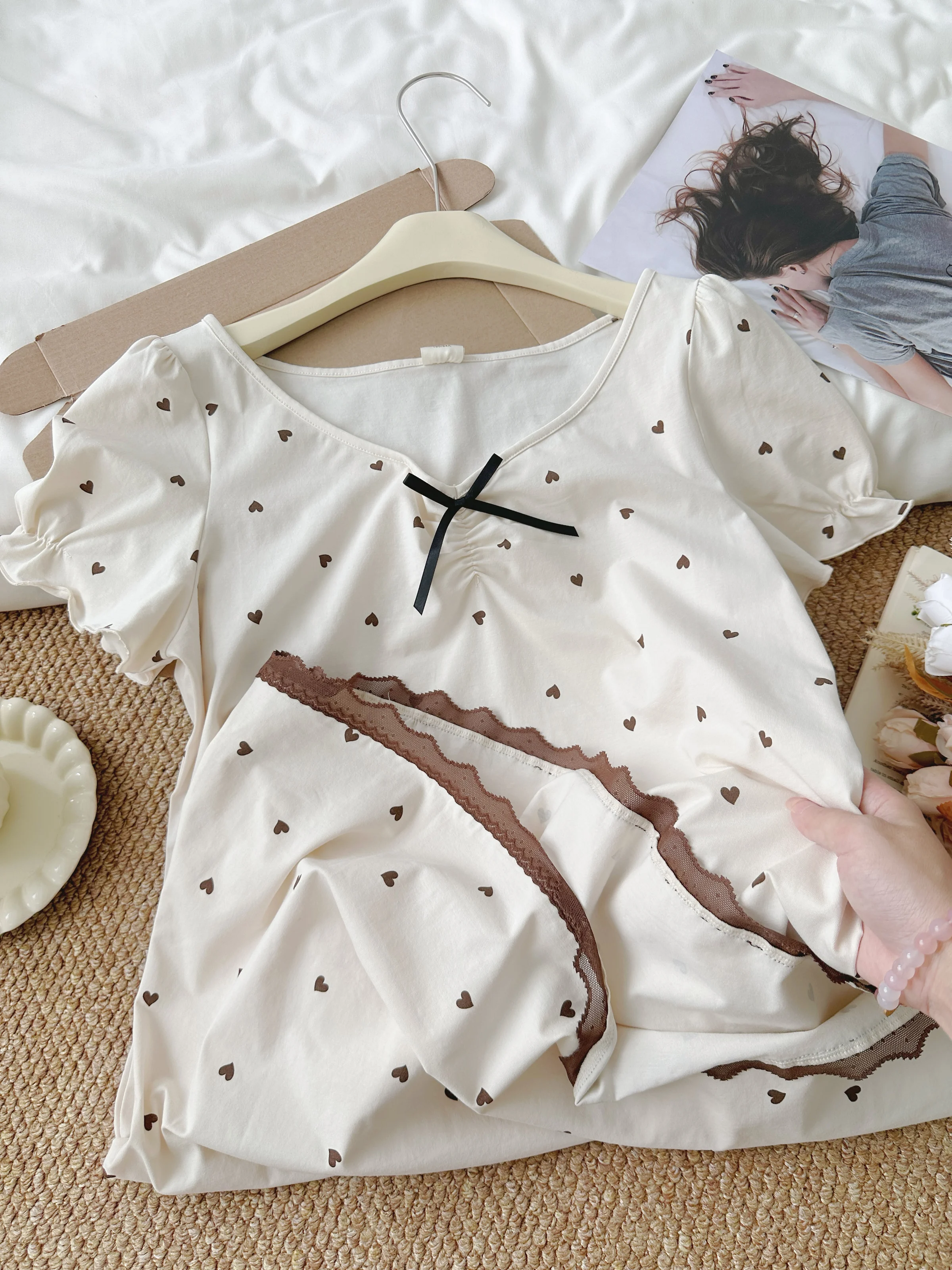 100% cotton sweet girl polka dot short-sleeved nightdress 2025 new loungewear casual thin bow dress