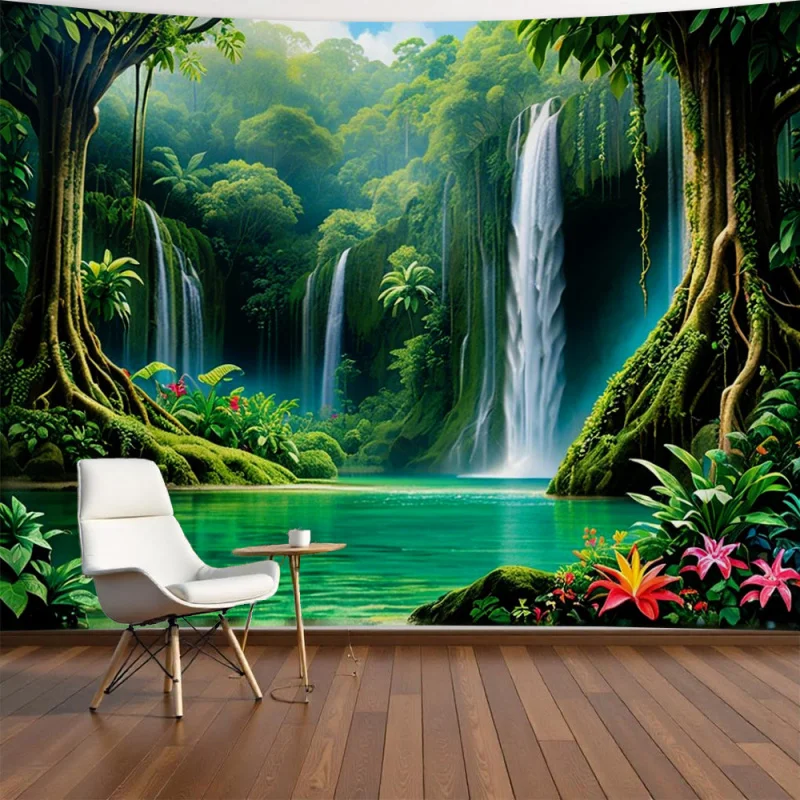Forest style Jungle Oasis Landscape Tapestry - Zen Living Room Decoration Tropical Theme Polyester Fiber Wall Hanging Decoration