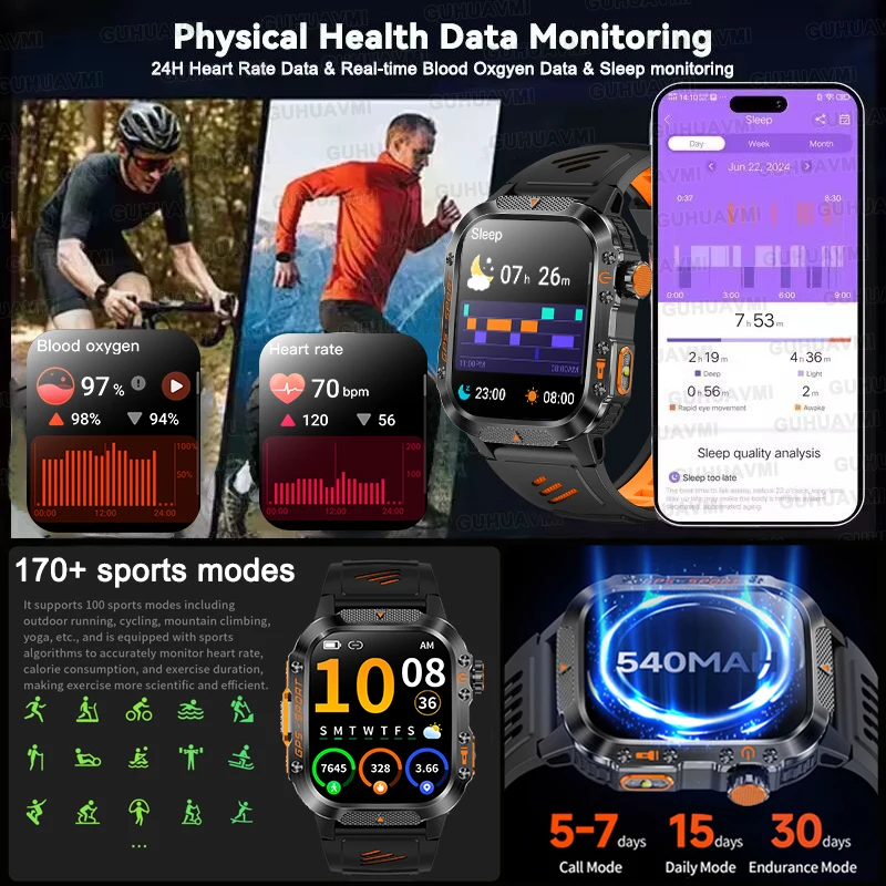 Montre connectée de sport GPS intégrée de qualité militaire, boussole, altimètre, fréquence cardiaque, batterie 540mAh, étanche 5ATM, appel HD, nouvelle collection