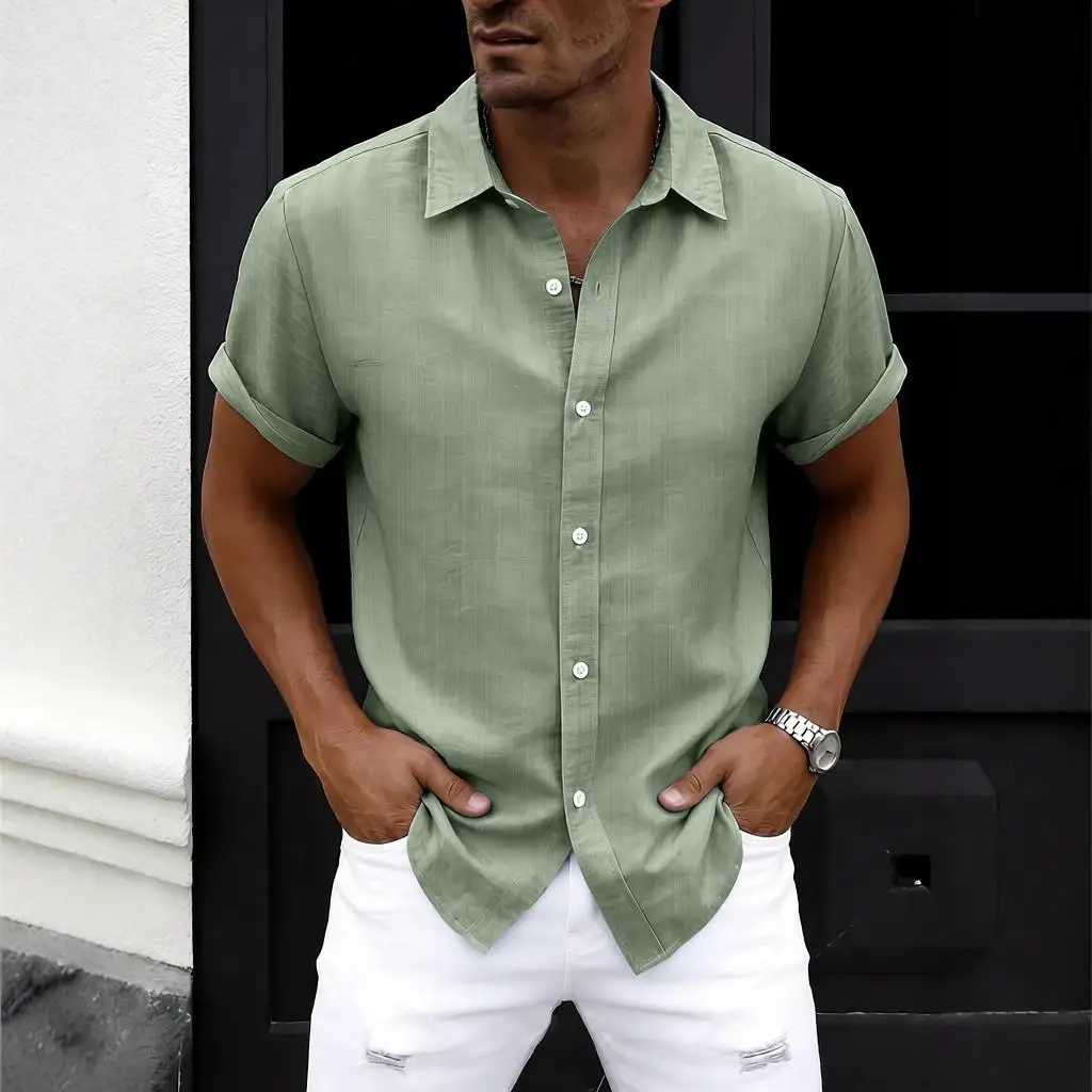 Light Purple Simple Large Size Collared Short Sleeve Men's Shirt Summer Thin Breathable Cotton Linen Trendy Super Size Top