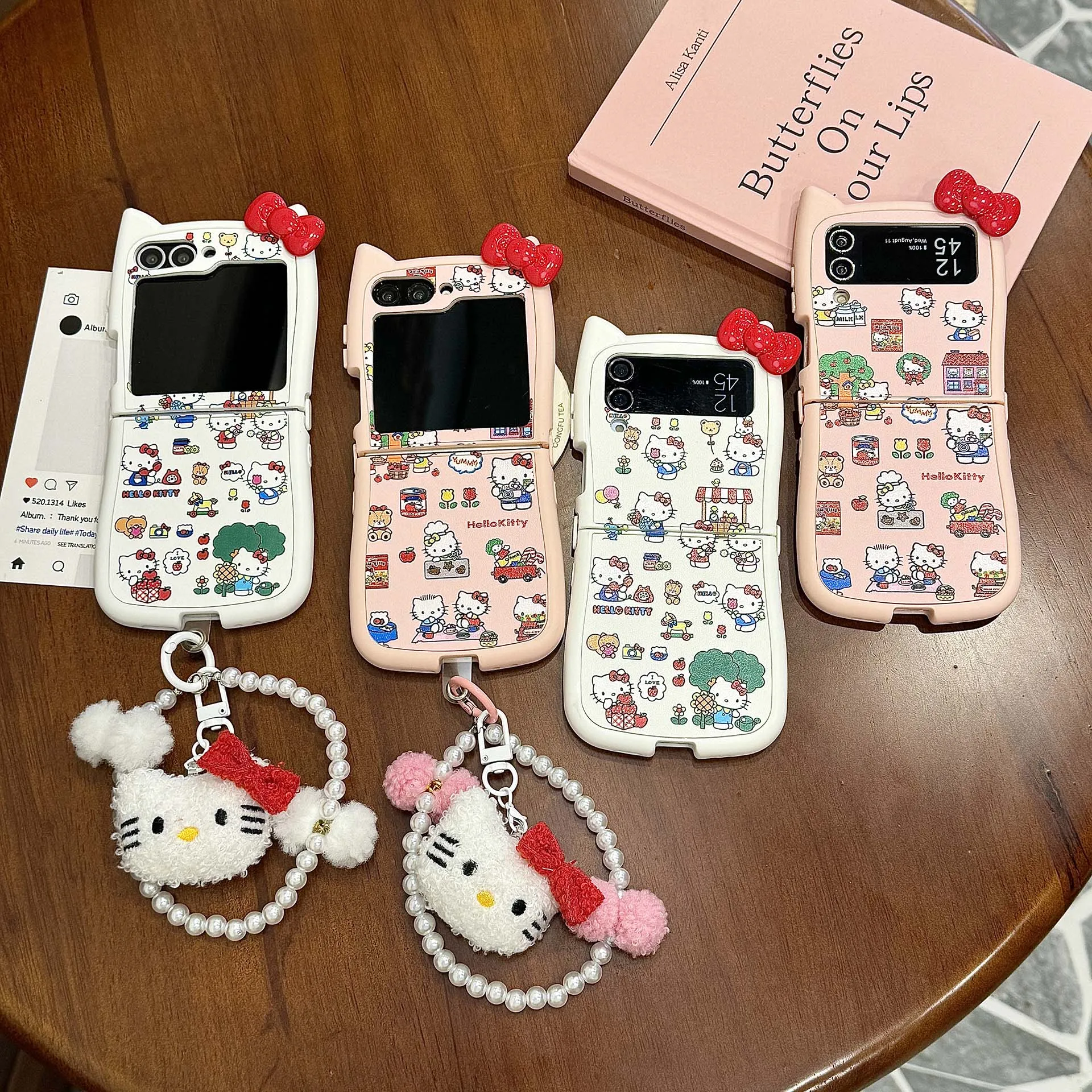 Capa de Desenho Animado 3D Eficiente com Orelhas de Gato e Laço para Hello Kitty com Cordão para Samsung Galaxy Z Flip 7 Z Flip 6 Z Flip 5 Z Flip 4 3