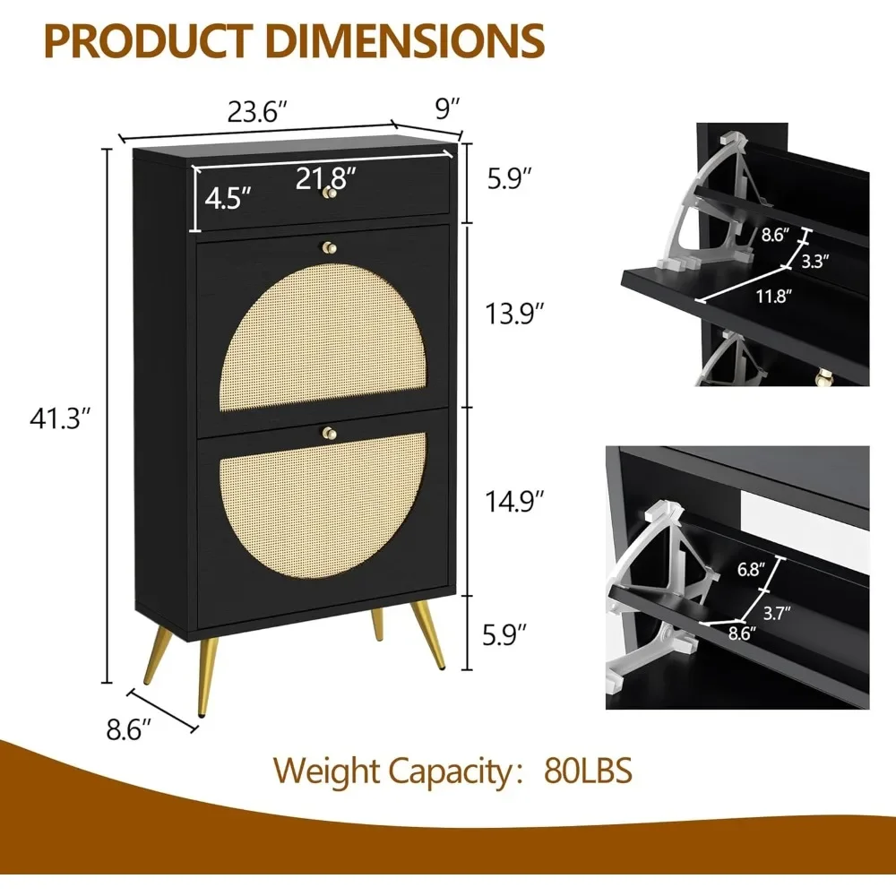 Rattan Shoe Cabinet 4 Flip Door , Freestanding Shoe Rack Storage Organizer with 3-Tier Adjustable Shelves，Shoe Rack image 2