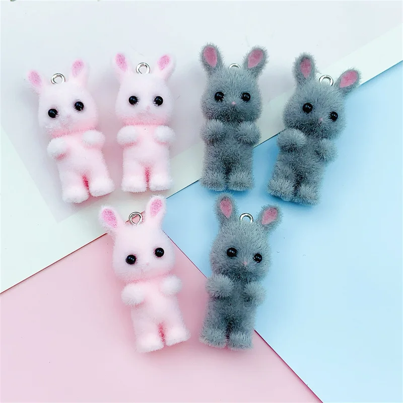 New style 30pcs/lot color flocking animals cartoon rabbits shape resin beads with hanger diy jewelry accessory