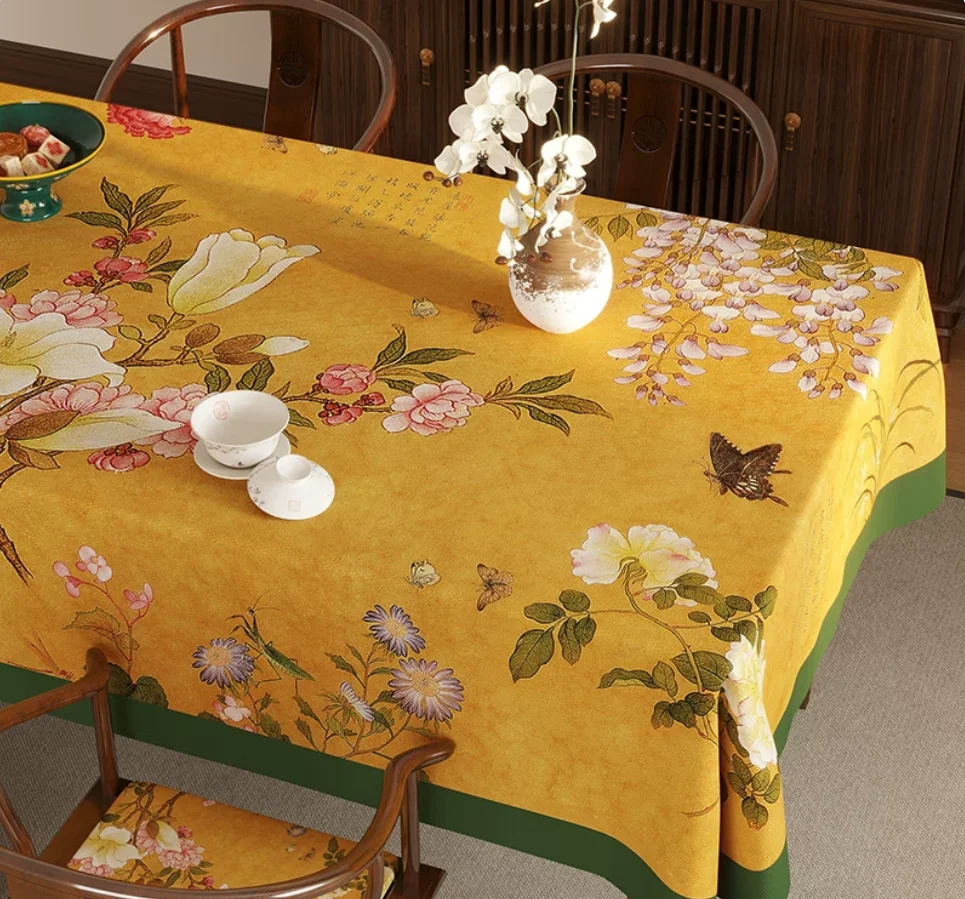 High-End Chinese Floral & Bird Tablecloth,Atmosphere Decor for Dining Table,Heat Resistant Water-proof Table Cover for Tea Table