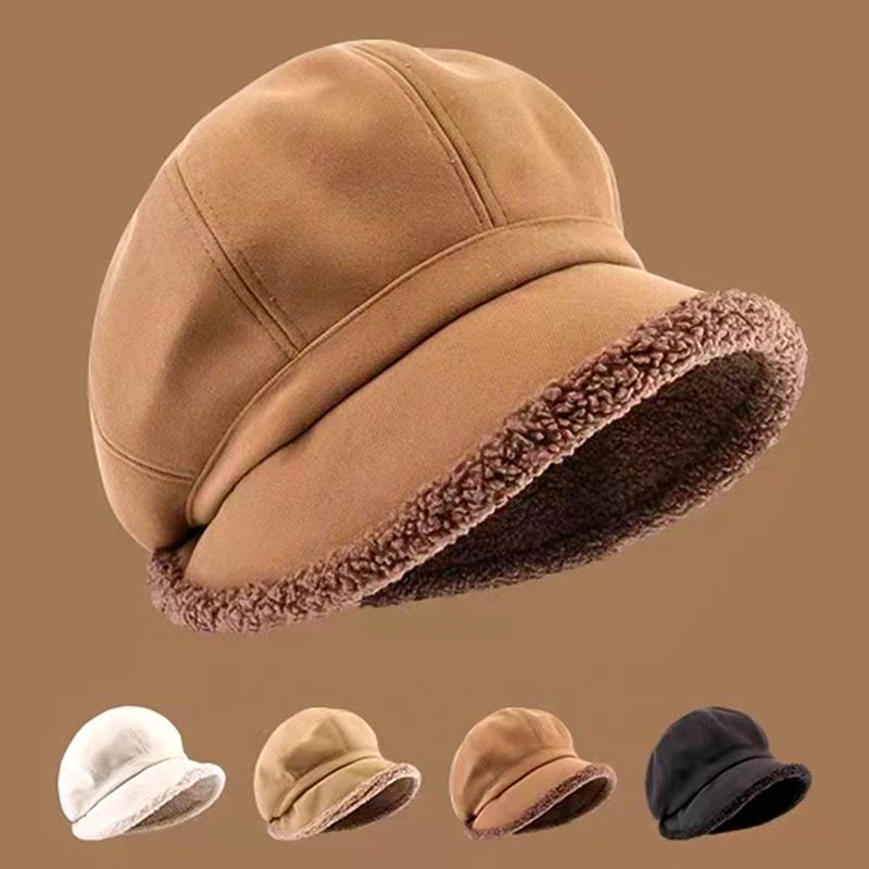 Lambs Wool Fisherman Hat Solid Color Thickened Plush Beret Autumn Winter Outdoor Windproof Warm Panama Cap Fashion Accessories